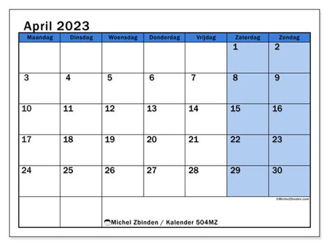 Kalender April 2023 Om Af Te Drukken “504mz” Michel Zbinden Be