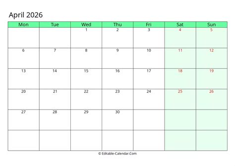 Download Fillable Calendar April 2026 Monday Start
