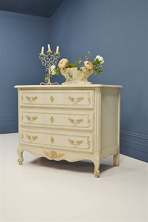 Large Vintage French Louis Chest Of Drawers Beige And Gold The