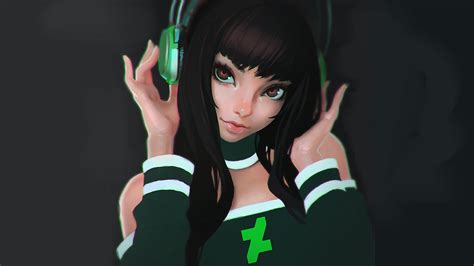 Schoolgirl Brunette Digital Art Artwork Anime Girls Headphones