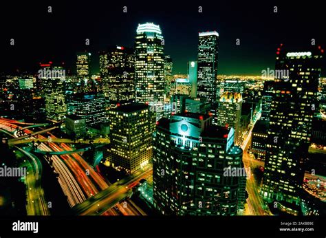 Cityscape Of Los Angeles With Lit Skyscrapers At Night California Usa