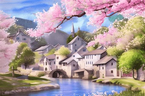 Beautiful Spring Scene With Stone Cottages And A Lake · Creative Fabrica