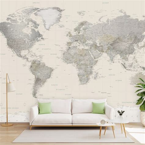 Giant World Map Mural Neutral Mural Wall Decal Map Etsy