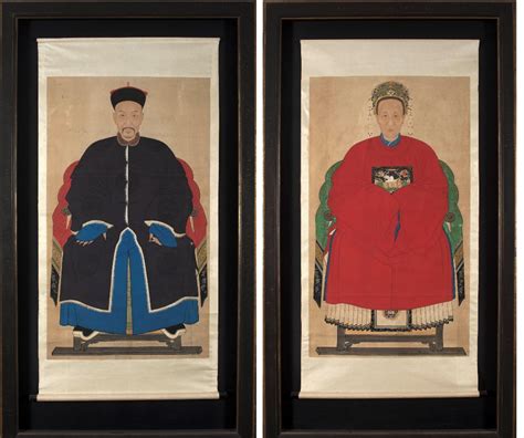 Highly Decorative Pair Of Chinese Ancestor Portraits From The Qing