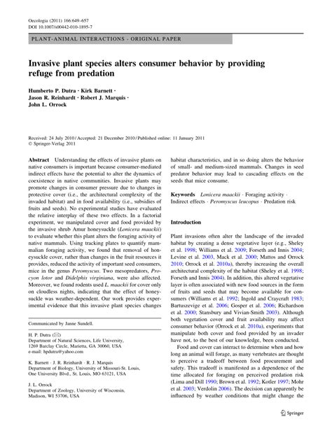 Pdf Invasive Plant Species Alters Consumer Behavior By Providing