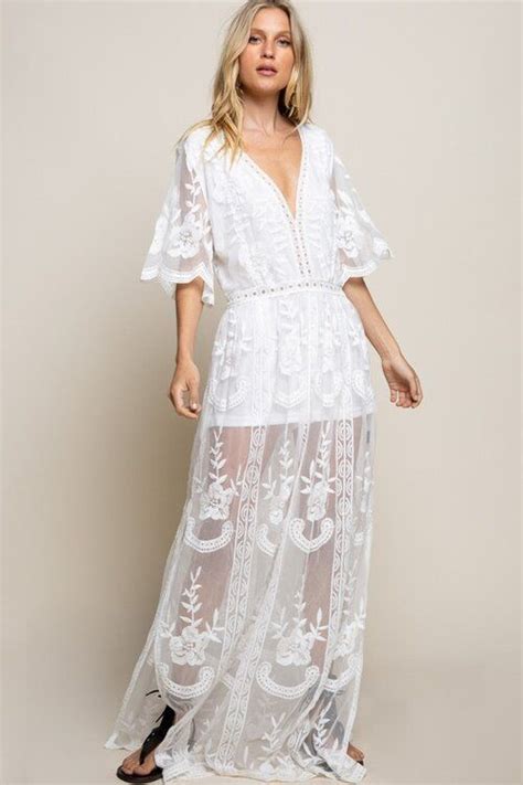 White Lace Maxi Deep V Neck Boho Bohemian Photoshoot Wedding Beach Dress — Skaira In 2020