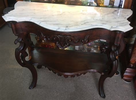 Antique Ornate Wooden Foyer Table With Marble Top And One Drawer