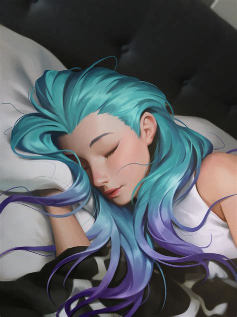 Anime Girls Artwork Sleeping Wavy Hair Digital Art Digital Painting