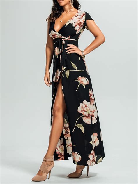 2018 Floral High Split Surplice Maxi Dress In Black Xl