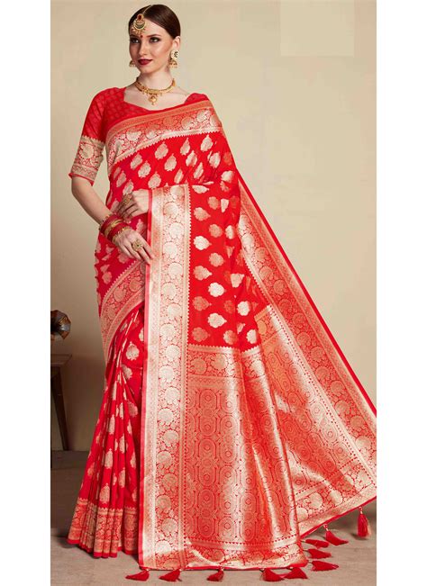 Art Banarasi Silk Red Zari Saree Buy Online Party Wear Sarees