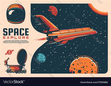 Space Exploration Spaceship Planets Retro Poster Vector Image