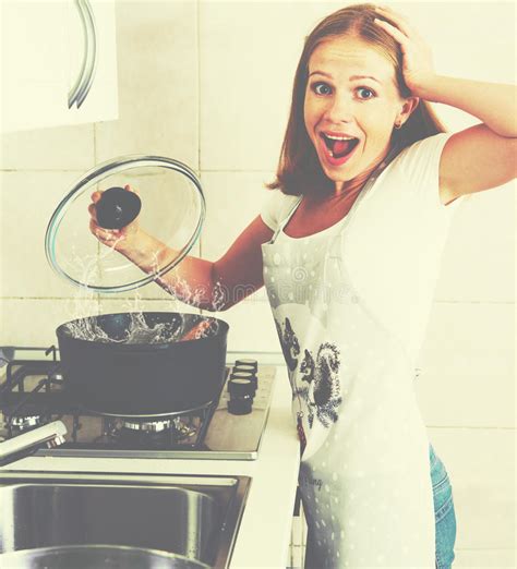 Funny Woman Housewife Prepares In The Kitchen Stock Image Image Of