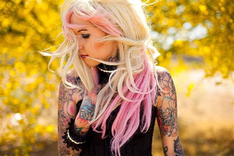 Women Outdoors Model Blonde Dyed Hair Looking Away Long Hair Tattoo Yellow Fashion