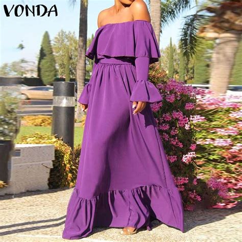 Summer Off Shoulder Maxi Dress Women Solid Color Holiday Long Dress Beach Sundress 2021 Vonda