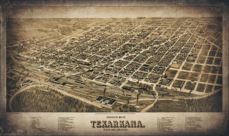 Texarkana Texas And Arkansas Vintage Map Birds Eye View 1888 Sepia