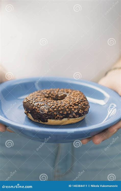 Donut On Blue Plate Stock Image Image Of Dessert Delicious 140384411