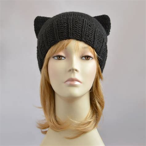 Black Cat Hat Knit Cat Ear Hat Or Cat Beanie Womens Cat Hat Etsy Uk