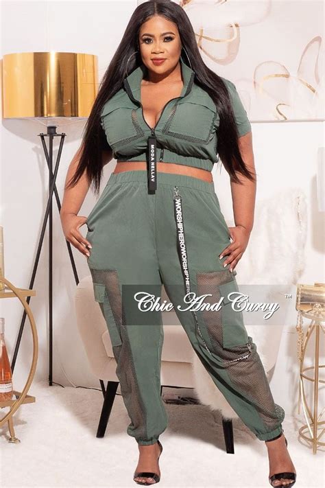 Final Sale Plus Size 2 Pc Jogging Set With Net Insets In Olive In 2022