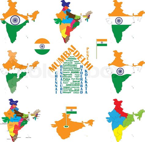 Kort Over Indien Indisk Byer Stater Og Indien Flag Stock Vektor