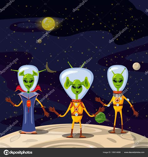 Cute Aliens In Space Suits Spaceship Crew Cartoon Characters In Space