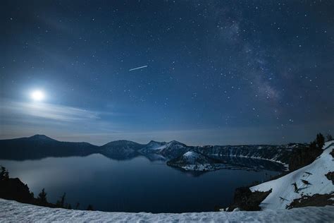 The Moon And Milky Way Rising Over Crater Lake National Park Oregon