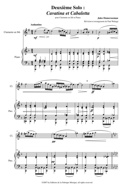 Jules Demersseman Deuxime Solo Cavatina Et Cabaletta For Clarinet In Bb