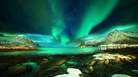 Lofoten Norwegen Nordlichter Berge Meer Steine Nacht Desktop