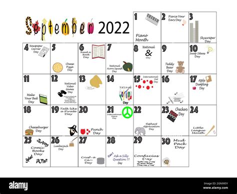 September 2022 Illustrated Monthly Calendar Of Quirky Holidays And