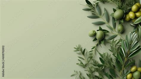 Background Olive Branch On A Green Background Green Olives Olive Oil Green Banner Copy Space