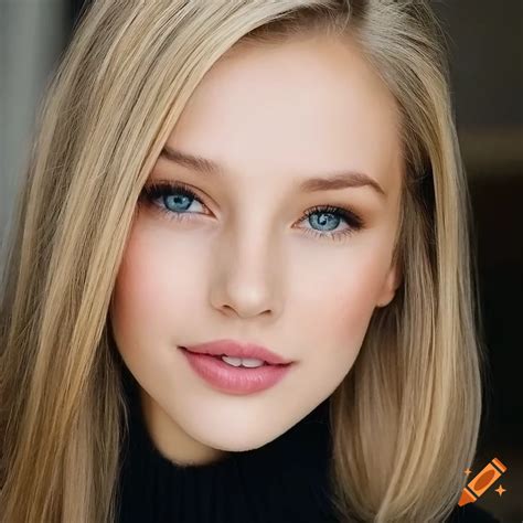 realistic portrait of a friendly girl with light eyes and blonde hair on craiyon