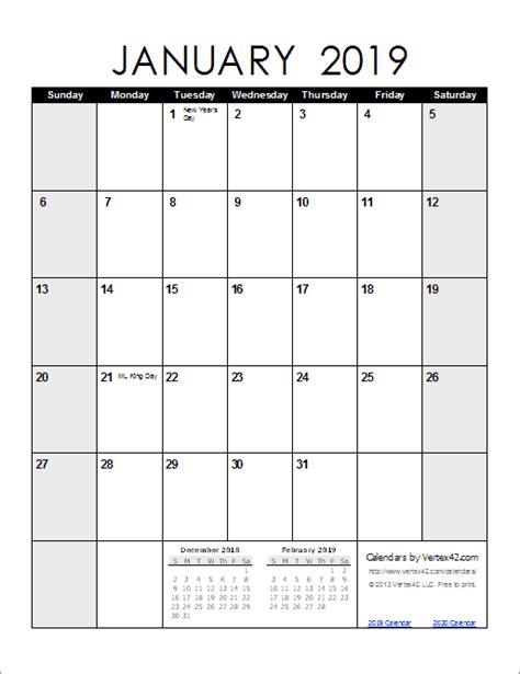 2019 Monthly Calendar Template Portrait Free Printable Templates