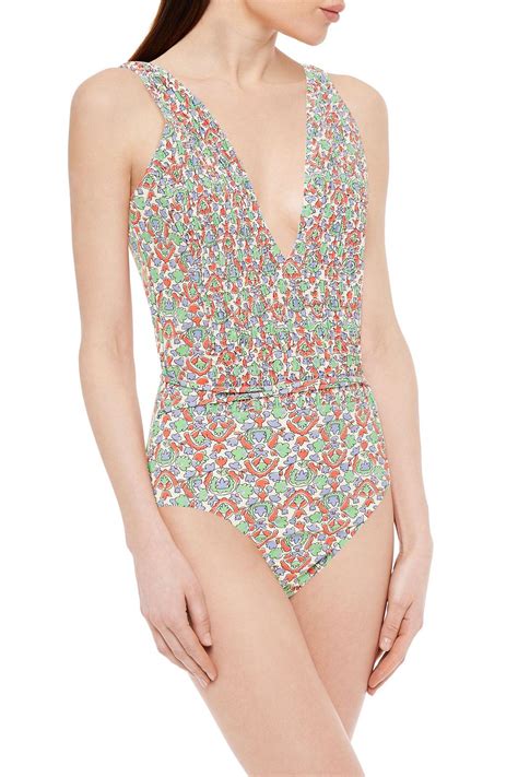 Tory Burch Belted Shirred Printed Swimsuit The Outnet