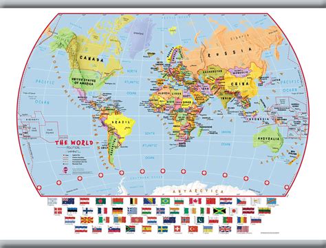 Medium Primary World Wall Map Political With Flags Hanging Bars