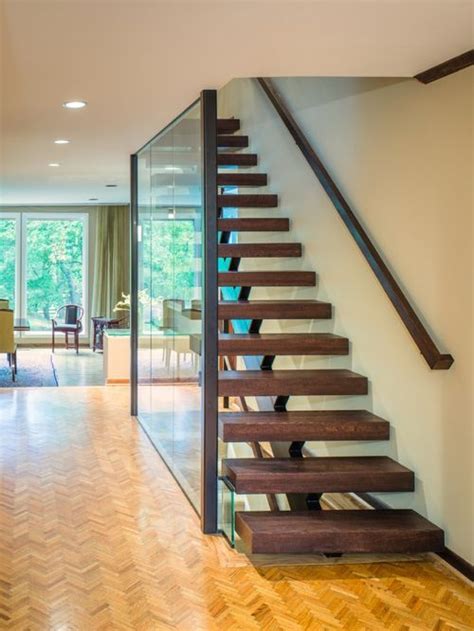 Modern Residential Glass Railing Staircase Solid Wood Tread L Stair