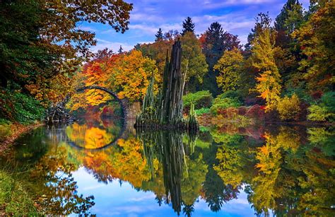 Bridge River Reflection Fall Landscape Colorful Germany Awesome