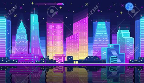 Free Download Night City Landscape Neon Pixel Background With Hight