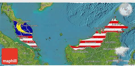Malaysia map and satellite image. Flag 3D Map of Malaysia, satellite outside