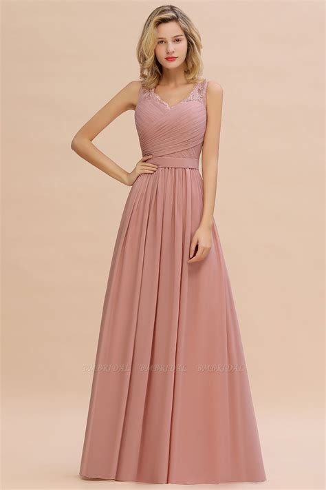 Bmbridal Elegant V Neck Ruffle Dusty Rose Chiffon Lace Bridesmaid