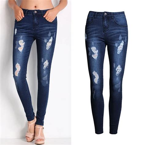 2017 New Fashion Women Pants Jeansdesigner Ripped Holes Slim Fit Women Classic Character Jeans