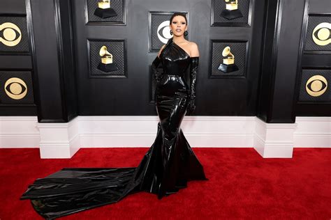 Doja Cat Grammys 2023 Dress Atelier Versace Black Vinyl Gown The