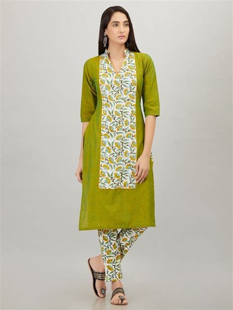Olive Green Hand Block Printed Khadi Cotton Kurta With Pants Set Of 2 Cotton Kurti Designs