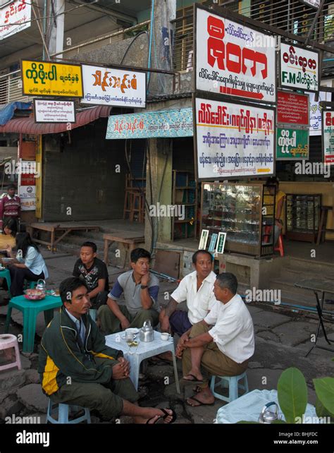Myanmar Burma Yangon Rangoon Street Scene Tea Stall Shops People