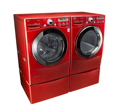 Lg Wild Cherry Red Steam Laundry Pair With Matching Pedestals And