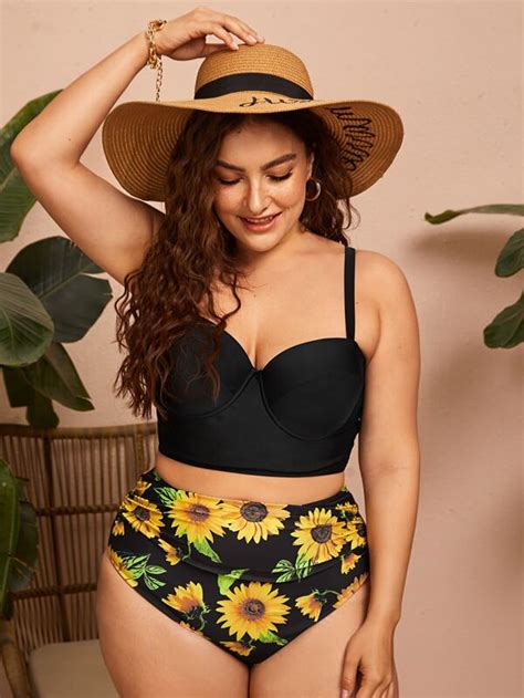 Plus Sunflower Bikini Set Push Up Bustier Cami Top And Ruched High Waisted Bottom 2 Piece Swimsuit