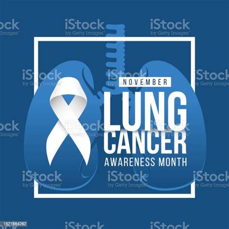 November Lung Cancer Awareness Month Text And White Ribbon Sign On Blue