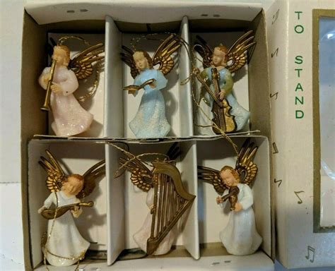Miniature Angel Musicians Vtg In Original Box Stand Or Hang Lot Of 6