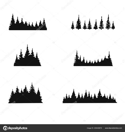 Set Pine Trees Forest Silhouette Isolated White Background Hand Drawn