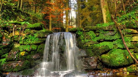 Waterfall Surrounded With Mossy Stones Hd Wallpaper Wallpaper Flare