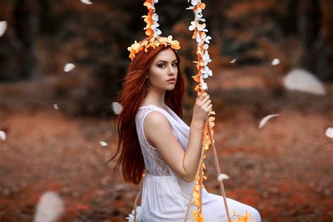 download white dress wreath depth of field swing long hair redhead woman model hd wallpaper by