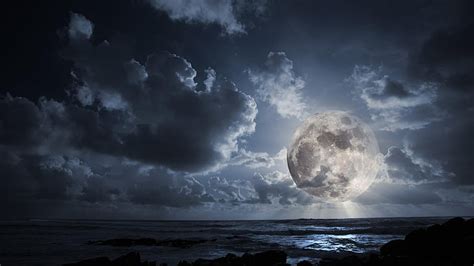 Hd Wallpaper Full Moon Night Sky Horizon Clouds Moonlight Water